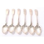 Five early Victorian Newcastle silver fiddle pattern teaspoons, together with one other
