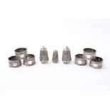 Set six Eastern white metal napkin rings, pair silver salt and pepper casters, similar caster