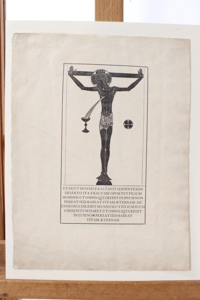 Eric Gill (1882-1940) wood engraving, Crucifix, Chalice and Host, 1915 (Skelton P45) with Latin - Image 2 of 3