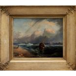 19th English school oil on board - fishing boat coming into shore, in gilt frame, 23cm x 29cm