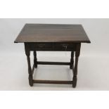 Late 17th century and later oak side table, with single geometric moulded drawer on turned and