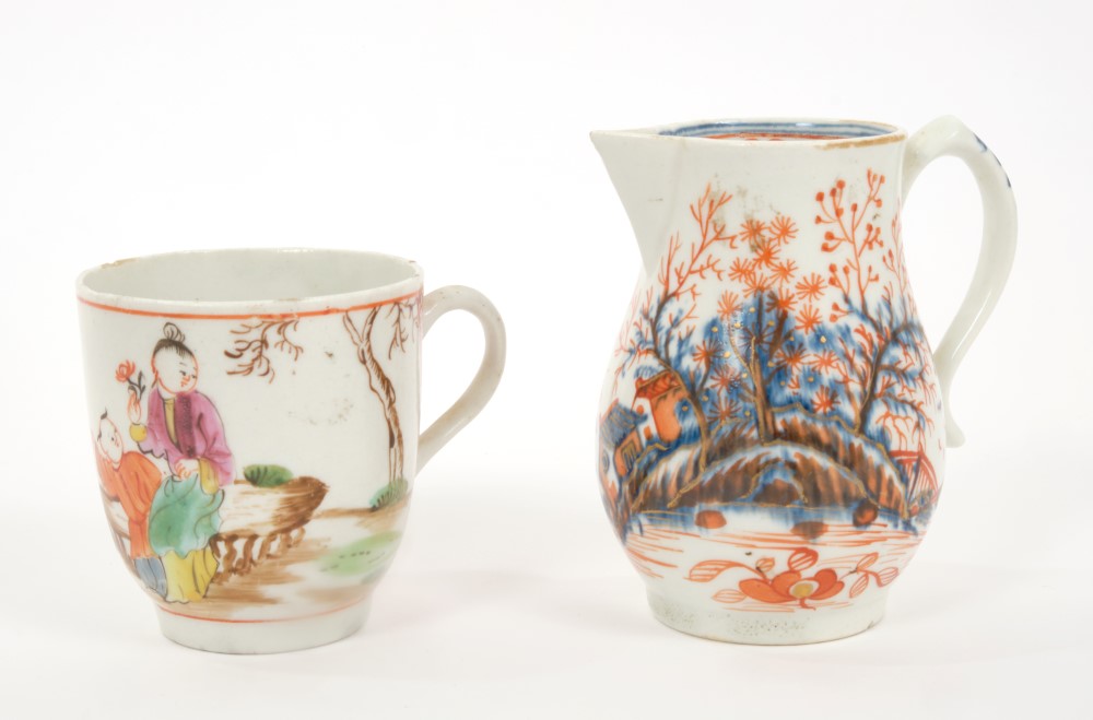 18th century Lowestoft sparrow-beak cream jug and Lowestoft polychrome decorated coffee cup