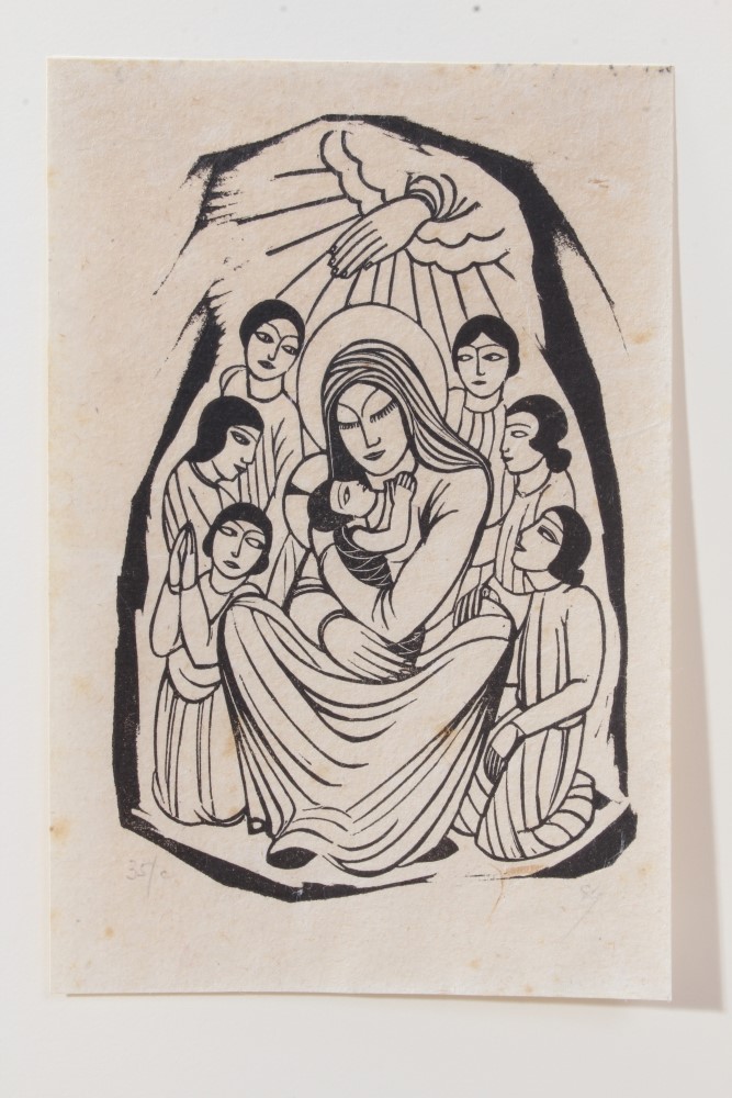 Eric Gill (1882-1940) wood engraving, Madonna and Child with children, indistinctly signed with
