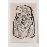 Eric Gill (1882-1940) wood engraving, Madonna and Child with children, indistinctly signed with