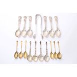 Set of six George IV Kings pattern teaspoons, six silver gilt spoons, four apostle spoons, sugar