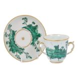 18th century Chelsea green monochrome painted chocolate cup and saucer