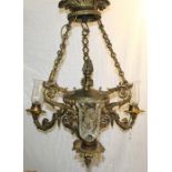 Impressive three branch chandelier with engraved glass shades