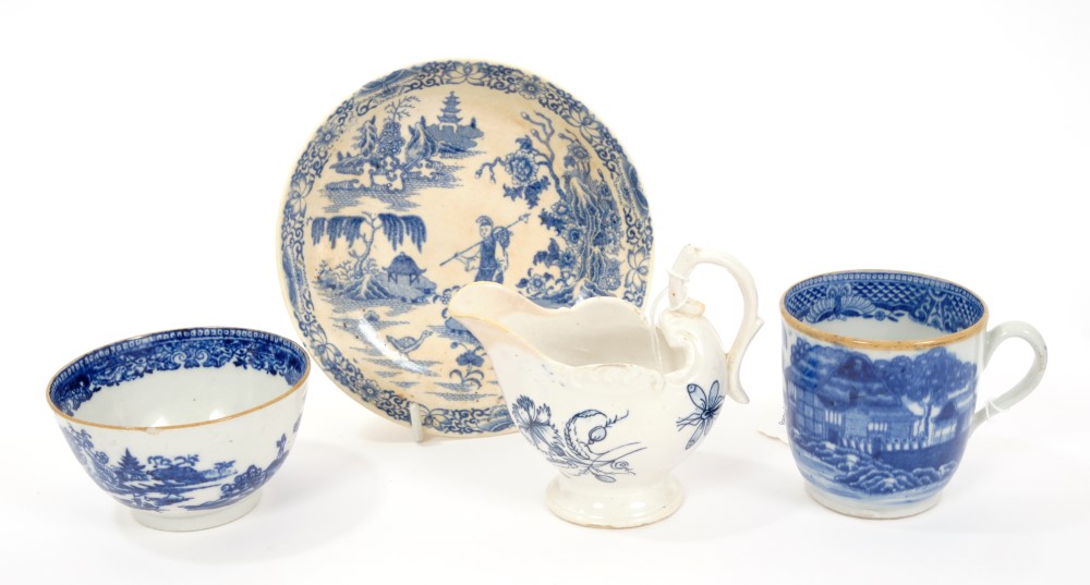 18th century Derby blue and white helmet-shaped cream jug and sundry blue and white wares