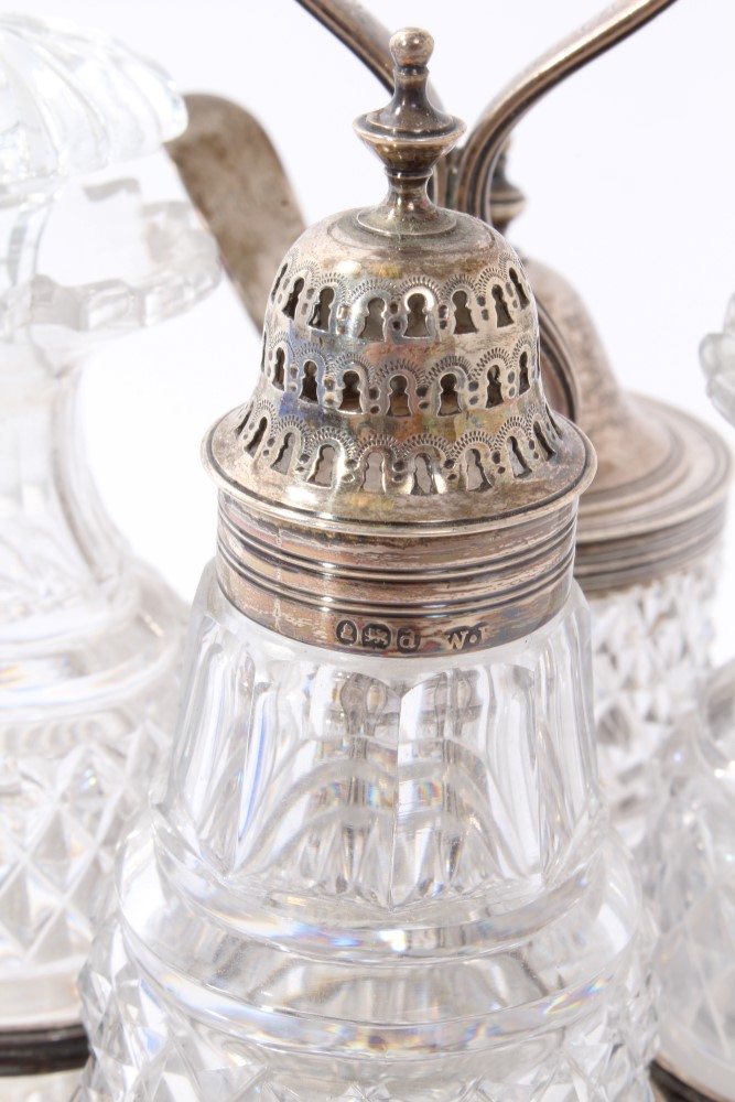 George III silver cruet frame with four lidded cut glass condiment bottles, William Bateman 1819 - Image 3 of 10