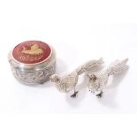 Continental silver trinket pot and pair of Continental silver pheasants