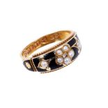 Victorian 15ct gold black enamel, seed pearl and diamond mourning ring, Chester 1899