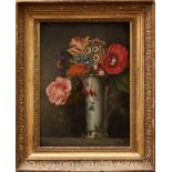 English School, 19th century oil on panel, still life of summer flowers in a porcelain vase