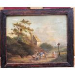 Early 19th century oil on panel - travellers on a track with a farmhouse beyond, in painted frame,