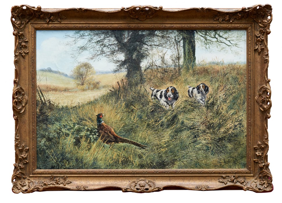 *Henry Wilkinson (1921 - 2011) oil on canvas. Spaniels and Pheasant, 50cm x 70cm.