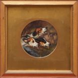 Victorian English school oil on board - three hounds, tondo, in glazed gilt frame, 20cm diameter