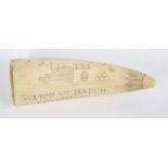 Unusual antique scrimshaw whale’s tooth, engraved to one face with depiction of a Native American