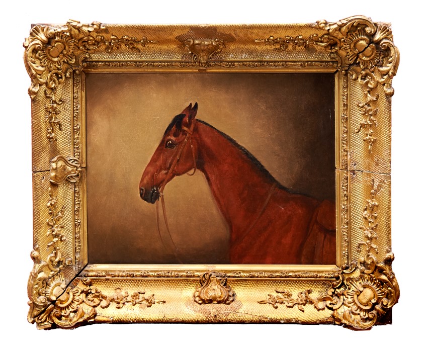 Follower of Edwin Landseer (1802-1873) oil on canvas - a bay horse, in gilt frame, 22cm x 28.5cm