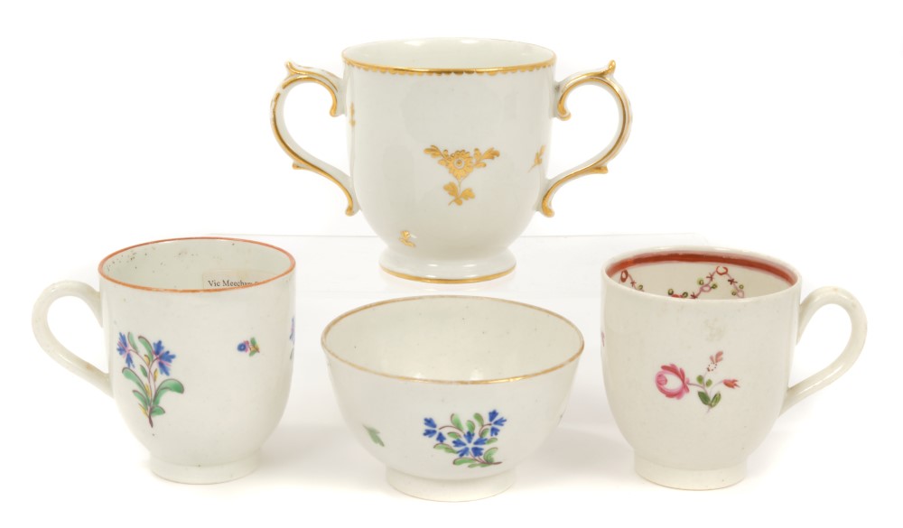 18th century Caughley chocolate cup, two Caughley coffee cups and tea bowl