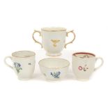 18th century Caughley chocolate cup, two Caughley coffee cups and tea bowl