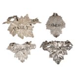 Four silver decanter labels - various