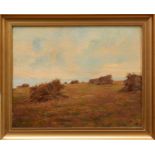 Fred Hall (1860-1948) oil on board - landscape with hay stooks, in gilt frame, 30cm x 40cm
