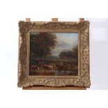 19th century English school oil on board - cattle herder and cattle watering, in gilt frame, 21cm x