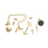 Gold (9ct) chain with pendant, gold (9ct) charms, gold (9ct) fob, gold (14k) Chinese symbol pendant