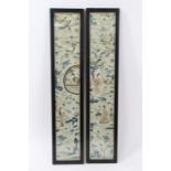 Pair of early 20th century Chinese silk sleeves depicting figures in gardens, in glazed frames