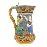Victorian Minton Majolica tower jug with hinged pewter cover