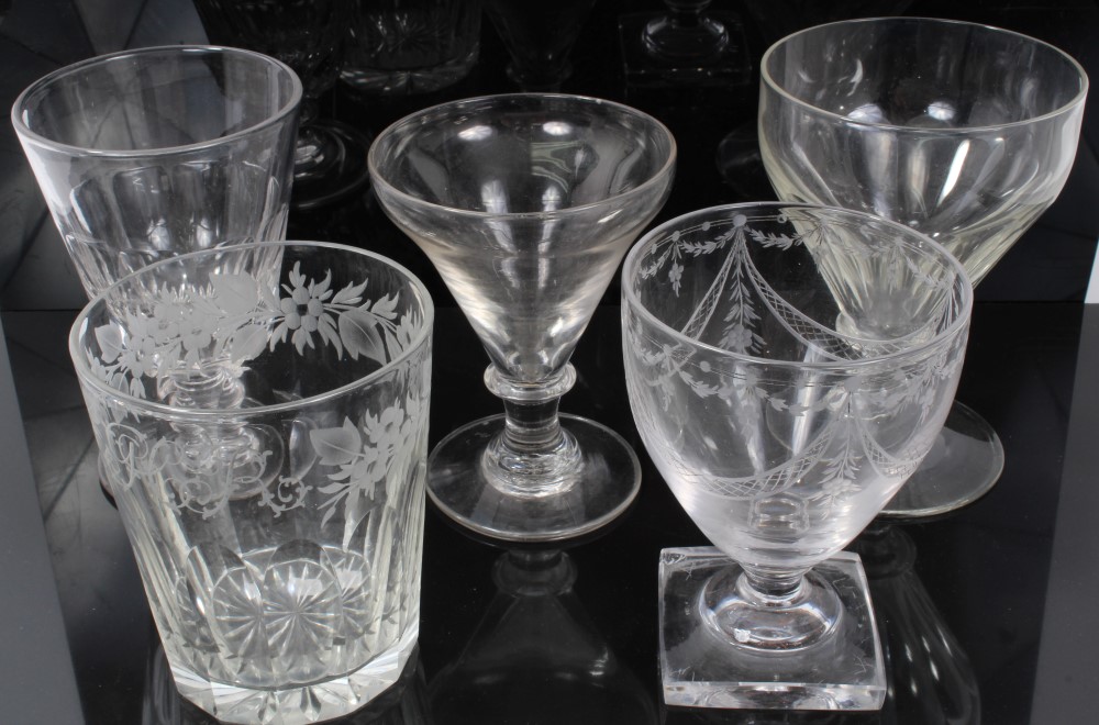 Group of four 19th century glass rummers and a glass tumbler