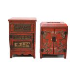 Two Chinese red lacquered cabinets, one with three drawers and the other enclosed by two doors (2)
