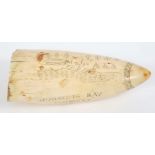 Unusual antique scrimshaw whale's tooth, engraved to with naval ship, a cannon and crossed ram-rods