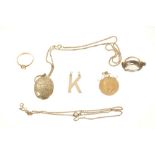 Sovereign pendant, 18ct gold ring, K pendant, smokey quartz pendant, locket on chain