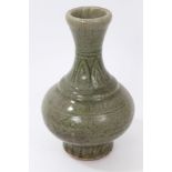 Chinese Celadon glazed vase of heavily potted stepped baluster form