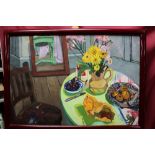 Pamela May, 20th century English school oil on canvas - The Kitchen Table, framed, 90cm x 130cm