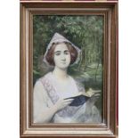 Henry Marchal (1878-1942) pastel - a pretty young lady reading a book in a woodland setting, in