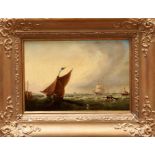 19th century Dutch school oil on canvas - vessels off the coast, in gilt frame, 22cm x 32cm