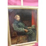 Early 20th century oil on canvas - portrait of a seated gentleman in long green coat, in gilt frame,
