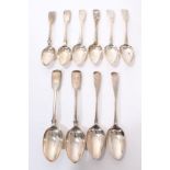 Pair George III Old English pattern tablespoons, pair fiddle pattern tablespoons, six dessert