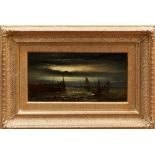 19th century English school oil on canvas - shipping in moonlit harbour, indistinctly signed, in