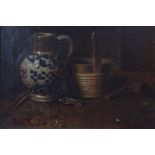 Florence Reid, late 19th century oil on canvas - still life of a stoneware bottle, pipe and vessels,