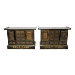 Pair of Chinese lacquered cabinets with altar top, drawers and cupboards with carved panels and