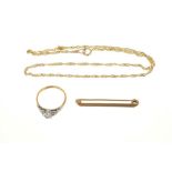 Gold (18ct) ring with synthetic white stone in platinum setting, gold (9ct) brooch, gold (9ct)