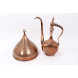 Antique Persian copper coffee pot and cover of typical form; tooled copper cover of bulbous form