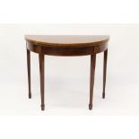 George III mahogany and satinwood crossbanded demi-lune card table