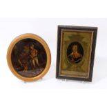 19th century hand-coloured reverse print on glass depicting Charles I and an oval reverse print