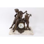 Early 20th century French bronzed spelter mantel clock with figure mounts