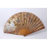 Unusual large Victorian ladies' painted silk and olive wood fan