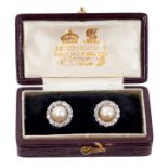 Pair of natural pearl and diamond cluster earrings