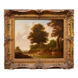 A.Mouque, Dutch, early 19th century oil on canvas in gilt frame. Cattle watering in wooded
